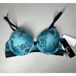 Felina Gorgeous Contour Bra 32D Blue Floral Underwire Molded Removable Straps